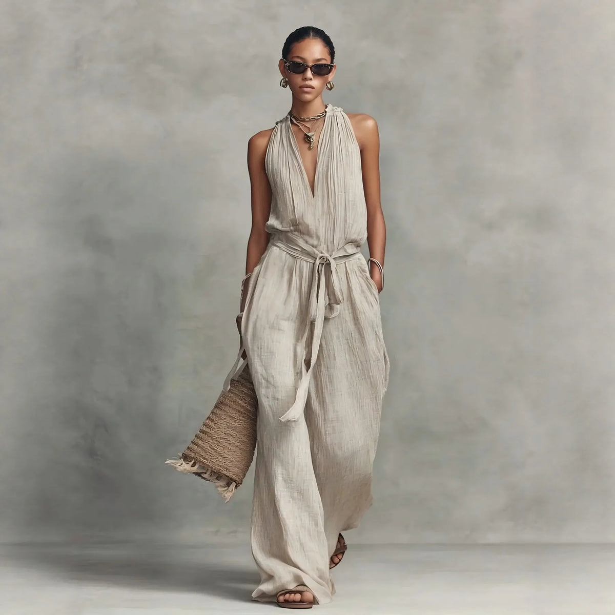 Summer Vestidos Women's Linen Hanging Neck Backless Lace Up Jumpsuit Holiday Sleeveless Solid Color Casual Loose Jumpsuit Dress