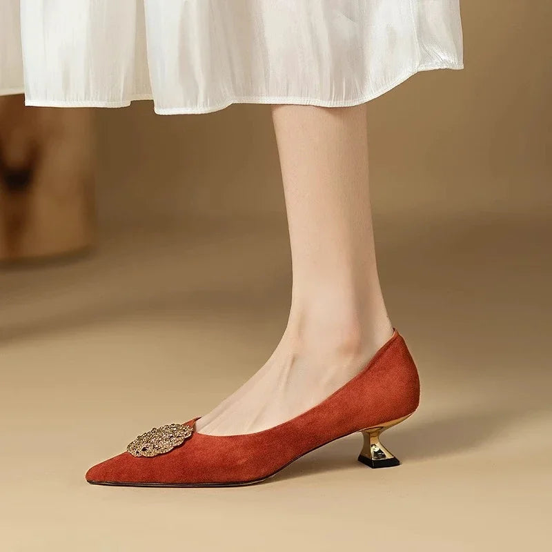 French Black Med Heels Women's Shoe Comfortable Office & Career Shoes Soft Leather Suede Pointed Shallow Shoes Pumps Zapatos