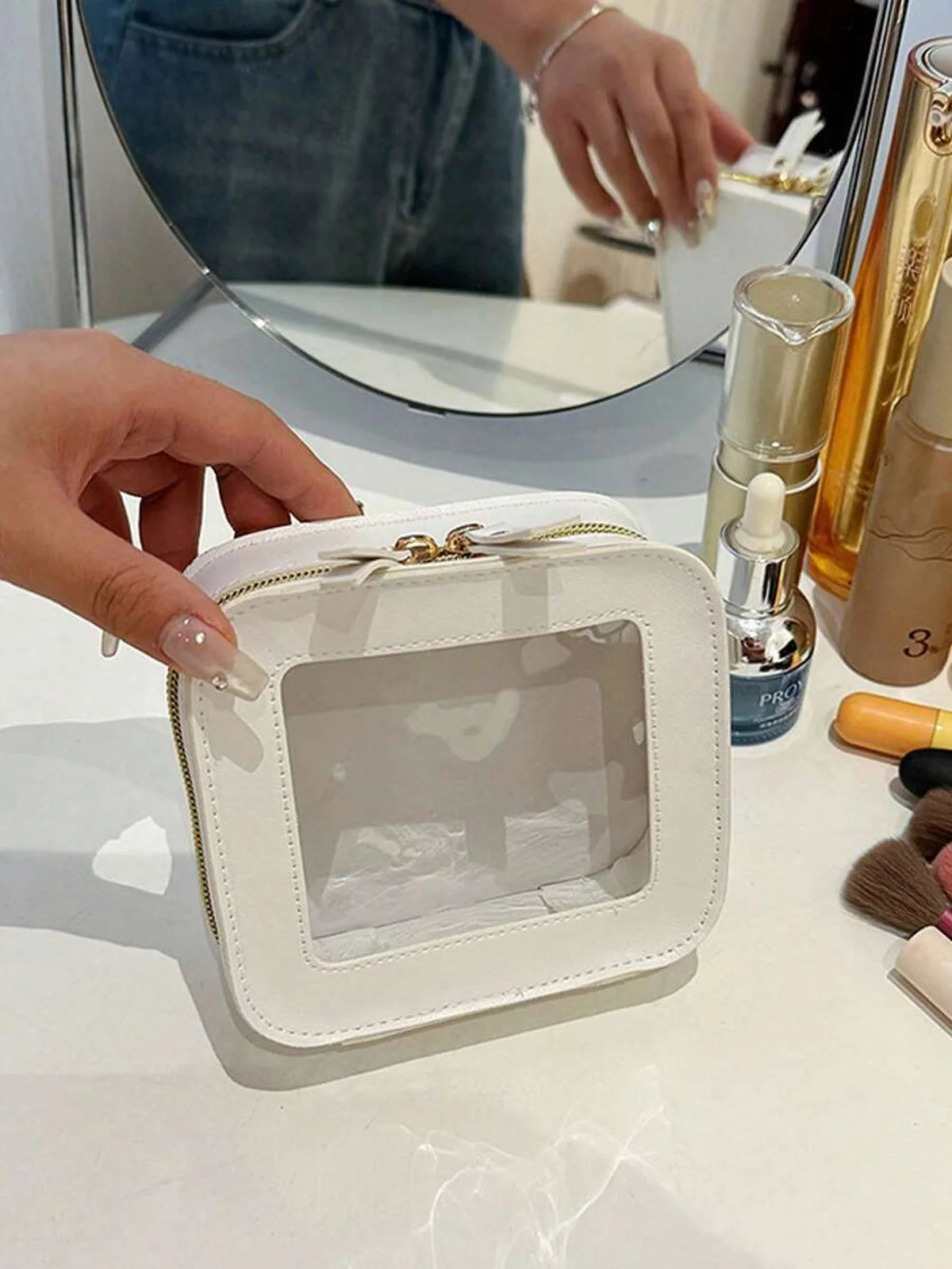 1 piece mini makeup bag - women's small makeup bag, waterproof travel toiletry bag, transparent console organizer bag with transparent window and gold zipper, lunch bag, travel bag, women's bag, small makeup bag/small makeup