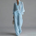 White Casual 2 Piece Outfit for Woman Sexy Ruffle V Neck Long Sleeve Blouse Wide Leg Pants Set Spring Summer Bohemian Suit Mujer