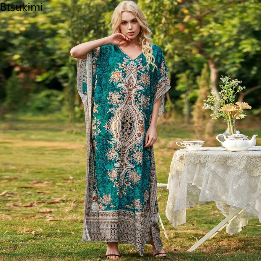 Bohemian V-neck Vacation Dresses for Women Summer Loose Casual Beach Dress Sunscreen Ethnic Printed Long Dress Middle East Robe