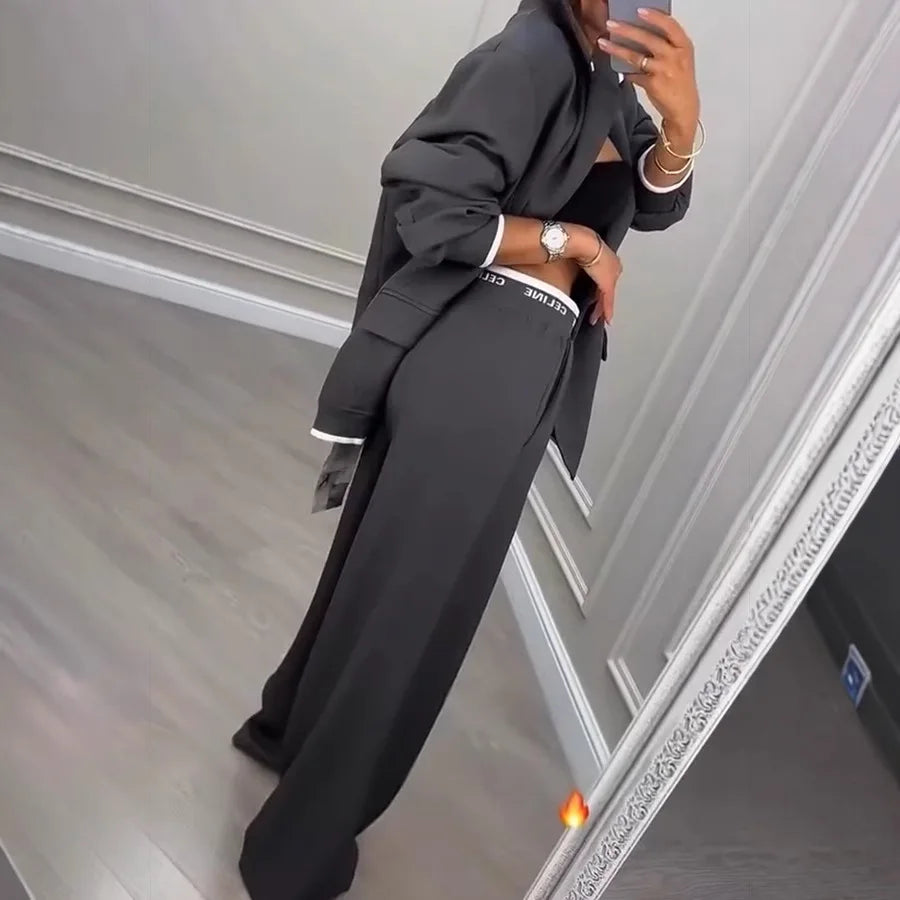 Women Suit Jacket Pants 2 Pieces Set Coat Wide Leg Trousers Outfits Single Breasted Turn Down Collar Office Lady Ensemble Autumn