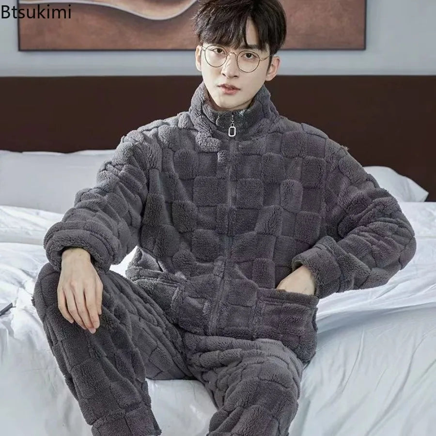2025 Plaid Pajamas for Men Coral Fleece Sleepwear Sleeping Night Wear Zipper Pijama Two Piece Sets Autumn Winter Warm Home Suit