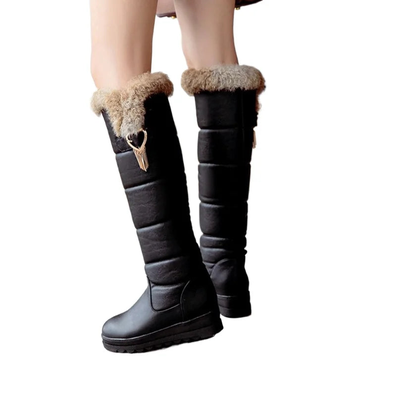 Botas De Mujer Knee High Snow Boots Women Plush Warm Winter Leather Fashion Wedges Black Platform Long Boots Size 32-43 C-98