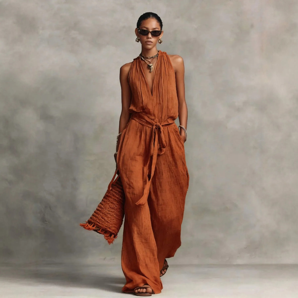 Summer Vestidos Women's Linen Hanging Neck Backless Lace Up Jumpsuit Holiday Sleeveless Solid Color Casual Loose Jumpsuit Dress