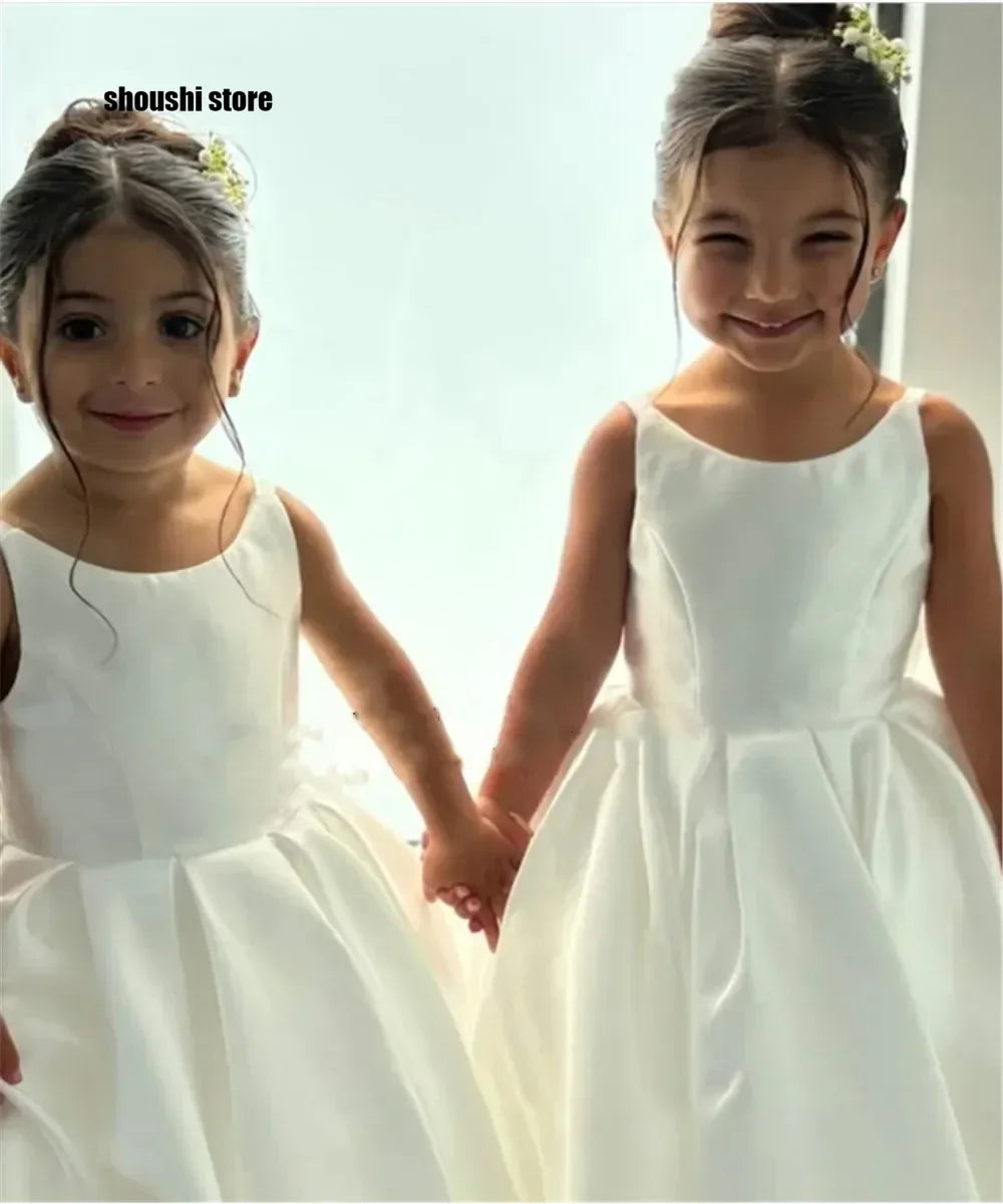 White Flower Girl Dress With Bow Strap Mini Bridal Wedding Dress Kids Ball Gown 1st Communion Frock Vestidos Customized