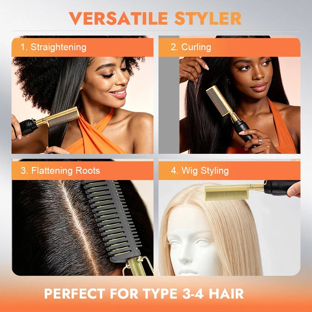 Multifunctional Electric Hot Comb Hair Straightening Brush, Portable Travel Hair Curling Straightening Tool, Plug-in Fast Heat S