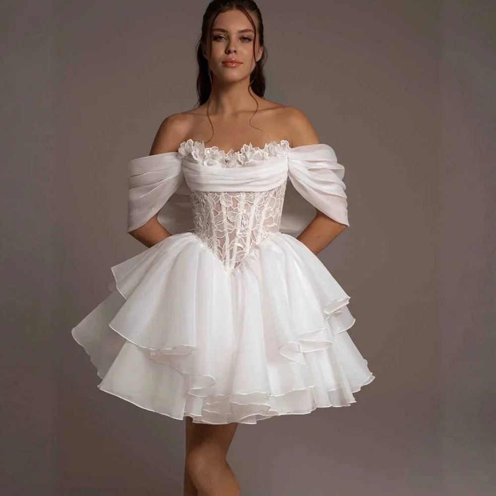 White Short Bridal Gowns White Cintage Off Shoulder A Line Pleat Wedding Dresses Customized Bride Dress Vestido De Novia