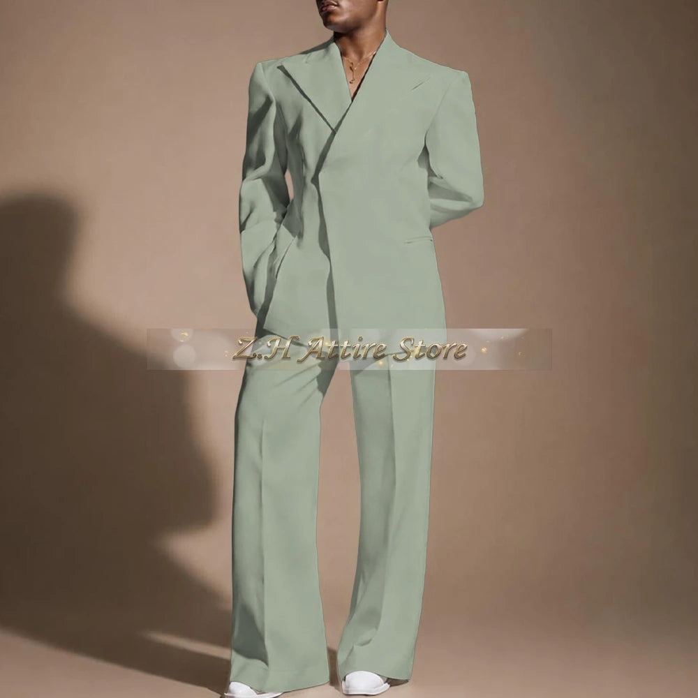 White Wedding Suit for Men 2-piece Set Double Breasted Jacket Wide Leg Pants Custom Slim Fit Prom Party Male Tuxedo