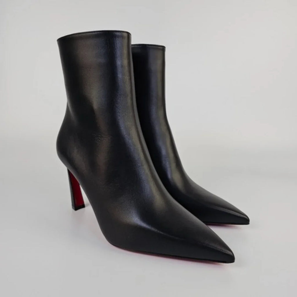 Black Leather Botas De Mujer Pointed Toe Shoes Female High Heels Red Sole Mid-Calf Boots For Women Office Lady Banquet Elegant