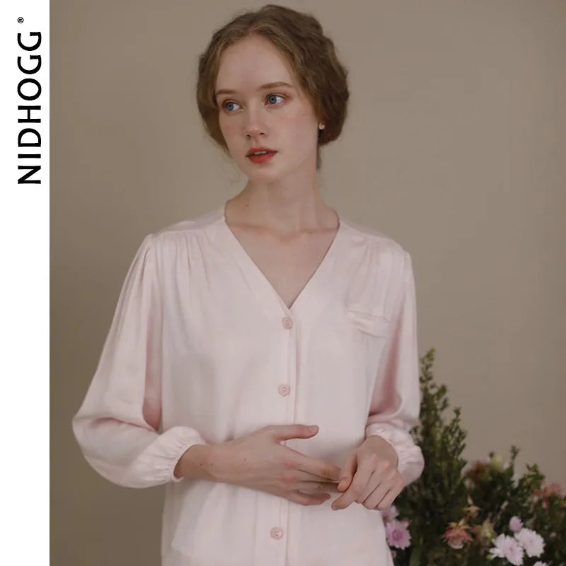 Elegant Pajama Set Women Silky Satin Loungewear Long Sleeve V-Neck Sleepwear Vintage 2 Pcs Suit French Style Homewear Pijama
