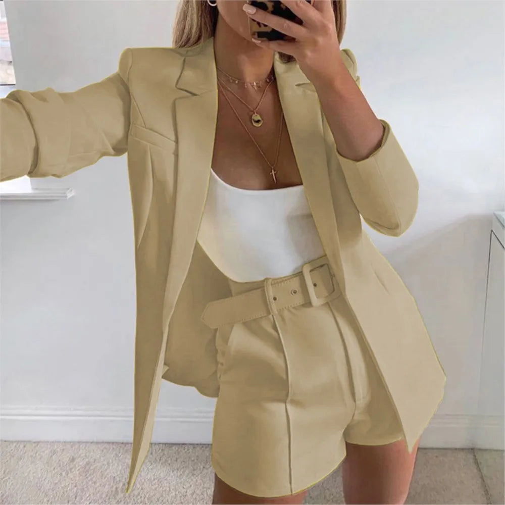 Women's Fashion Suit Two-piece Sets Lapel Long Sleeve Cardigan Top+Shorts 2025 Spring And Autumn Sexy Suit Casual Office Ladies