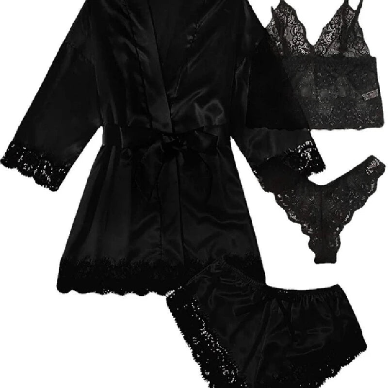 4-piece women's luxurious V-neck pajama nightgown sexy lace satin halter bathrobe silk satin home nightgown home sexy pajamas