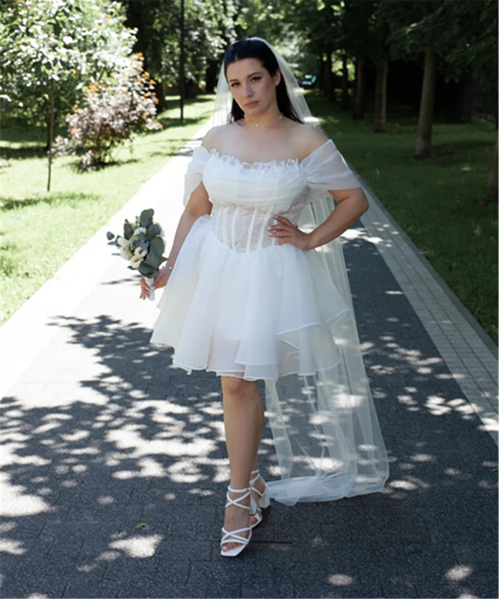 White Short Bridal Gowns White Cintage Off Shoulder A Line Pleat Wedding Dresses Customized Bride Dress Vestido De Novia