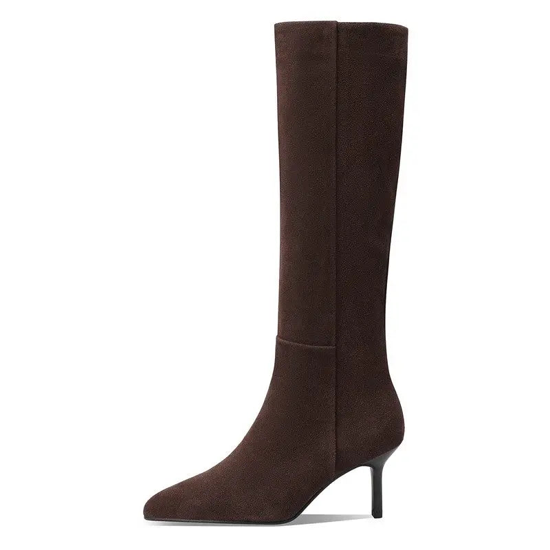 MORAZORA Size 34-42 Cow Suede Leather Stiletto High Heels Handmade Rero Knee High Boots Winter Fashion Casual Botas Ladies Shoes