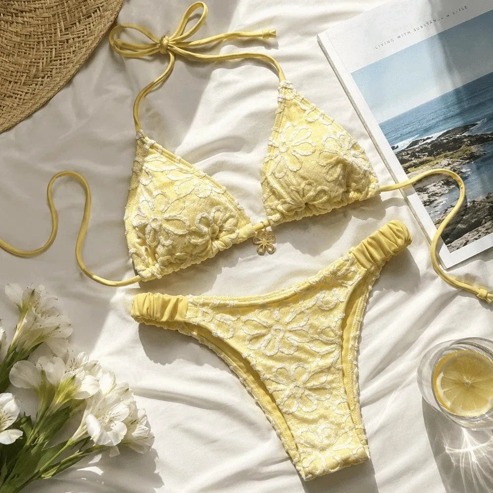 Bathing Suits Two-Piece Halter Bikini Set Deep V Low Waist Ladies' Swimwear Lace-up Flower Summer Beachwear Women
