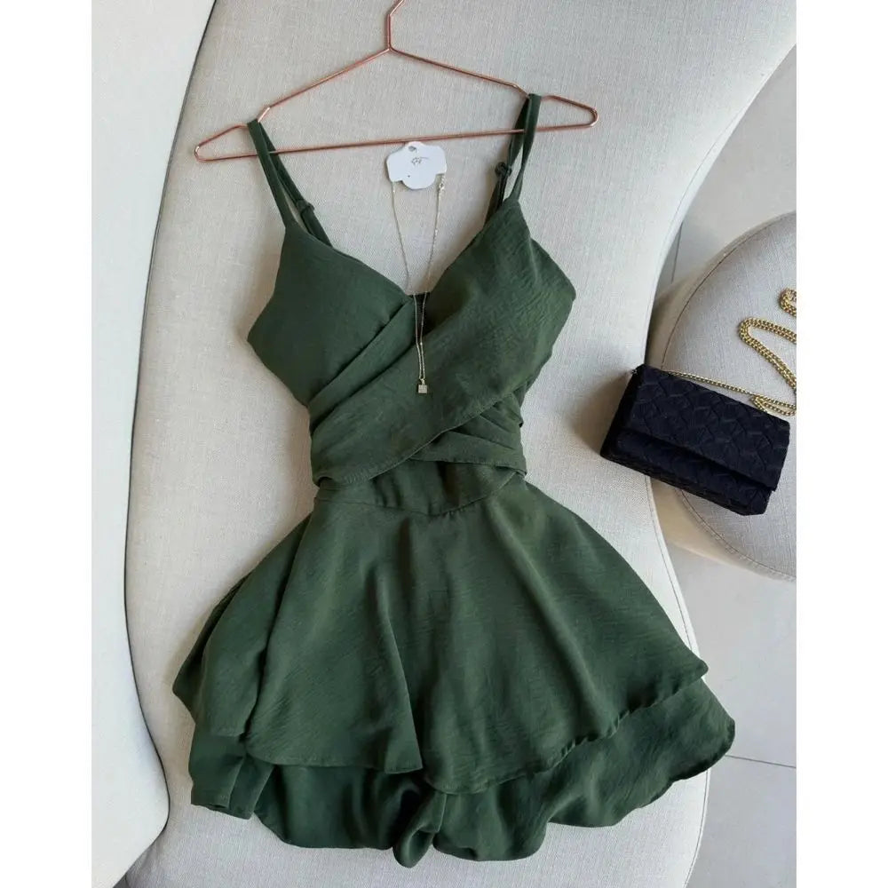 Vintage Summer Sexy Women Spaghetti Strap Dress Sleeveless Ruffles Layered V-Neck Dress Backless Slim Fitting Skirt Solid Dress