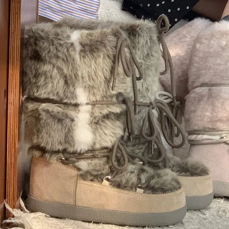 Bingyan Yuese Platform Snow Boots for Women 2026 New Winter Style, Plush Lace-Up, Thickened, Warm and Non-Slip