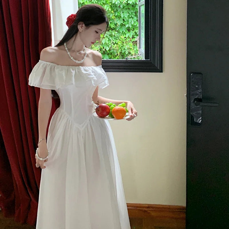 Summer White Beach Robe Long Dress For Women Slash Neck Short Sleeve Off The Shoulder Maxi Vestidos Elegant Evening Party Dress