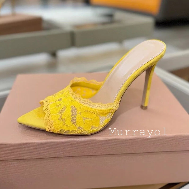 Slippers Women Mesh Gauze Pointed Toe Thin High Heels Sandals Summer Party Dress Sandalias Ladies Lace Stiletto Zapatos De Mujer