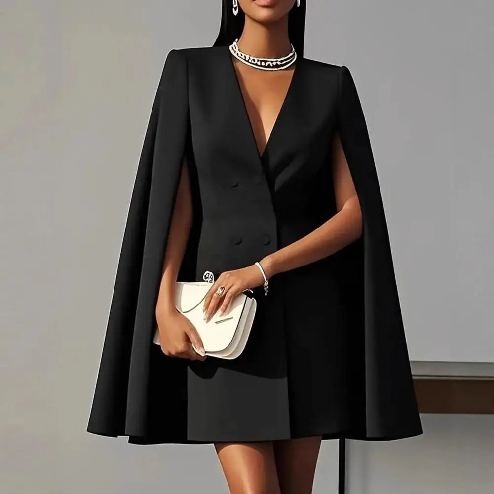 Commuting Blazer Dress for Women V Neck Cape Blazer Split Sleeve Business Mini Dress Double Breasted Office Long Skirt Dress