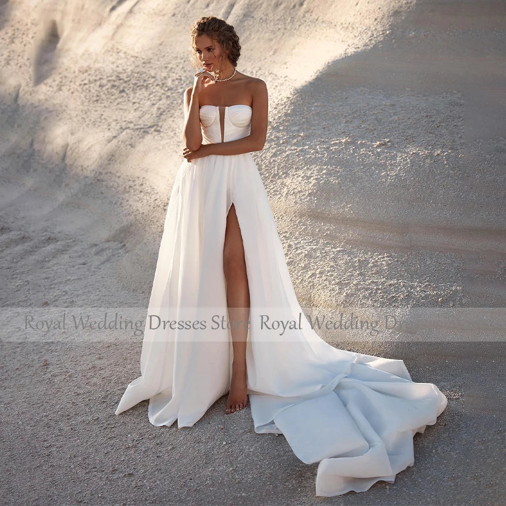 Beach Wedding Dresses for Women 2024 Bride Deep V Neck Summer Wedding Gowns White Organza Satin Side Split A Line Bridal Dress