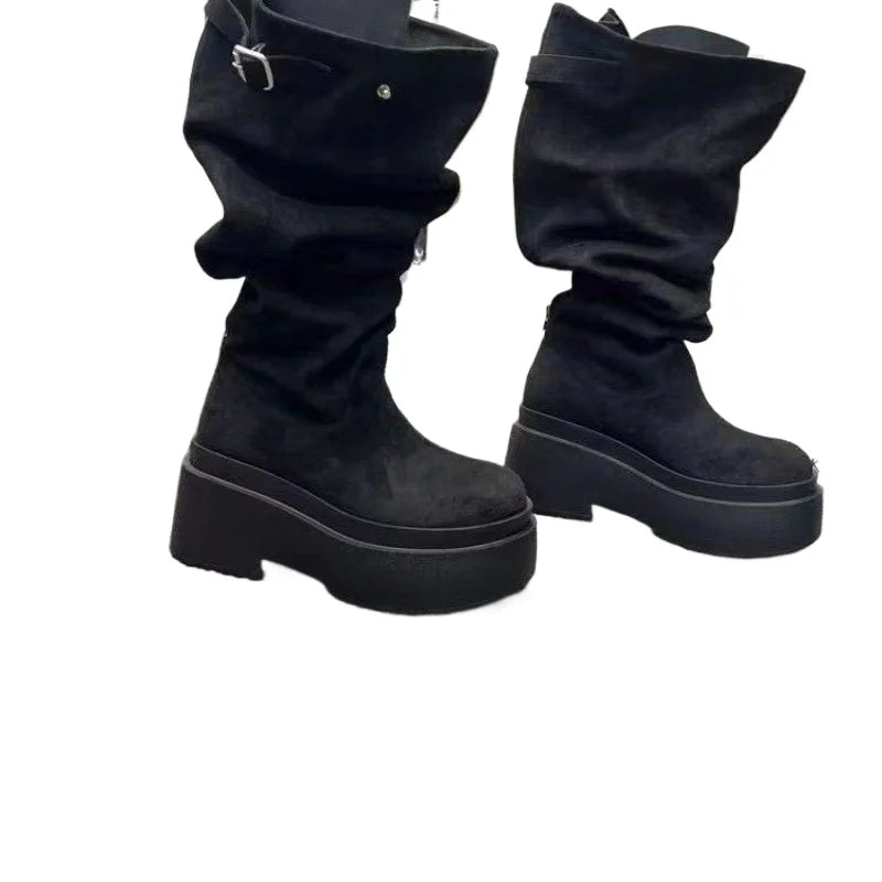 2026 Women's Fashion Thick Heels Knee High Boots Flock Slip on Western Boots Woman Spring Autumn Soft Leather Short Botas Mujer