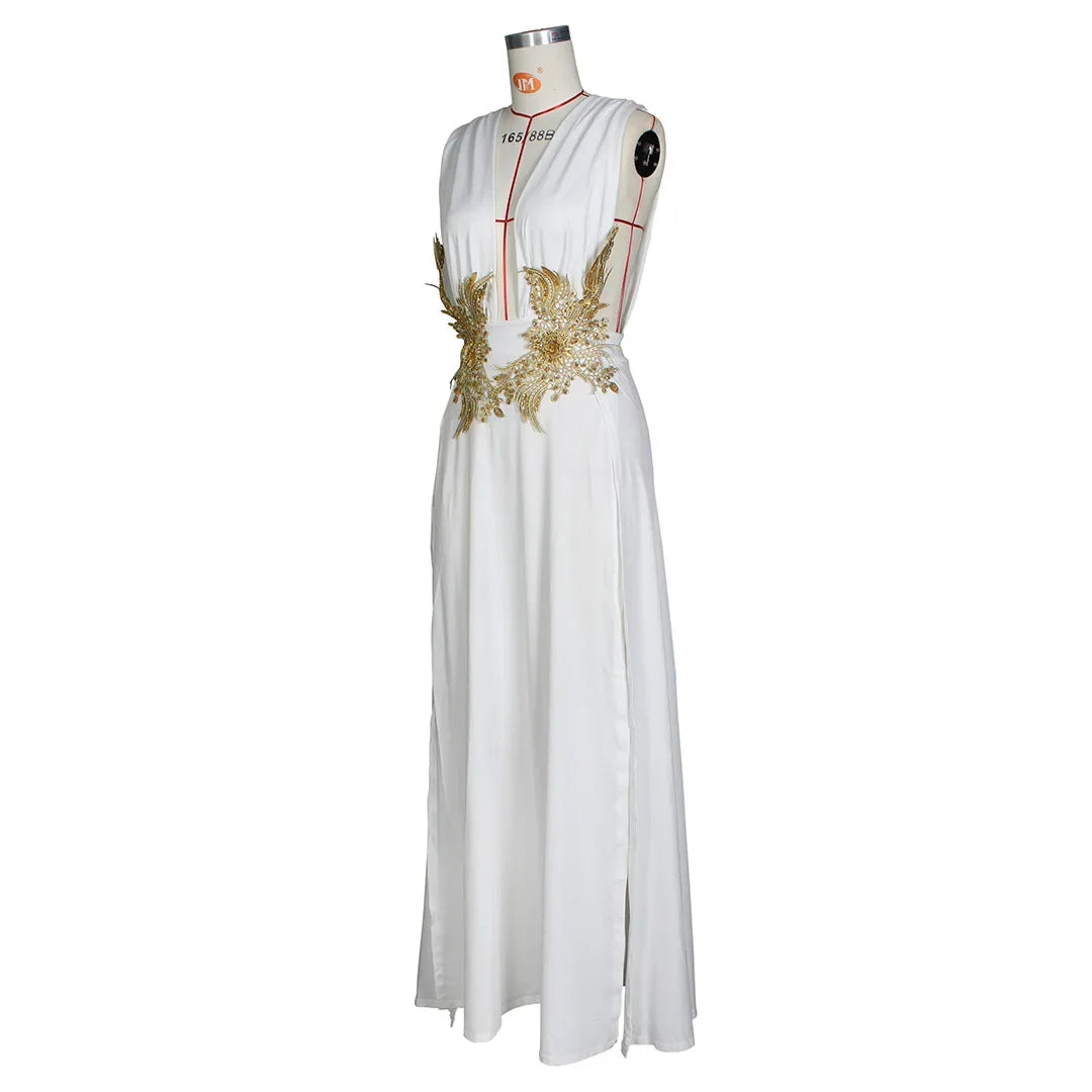 Sexy Club Famous Brand Dress Solid Embroidery V-neck Sleeveless Summer Sexy Celebrity Party Maxi Dress Vestidos