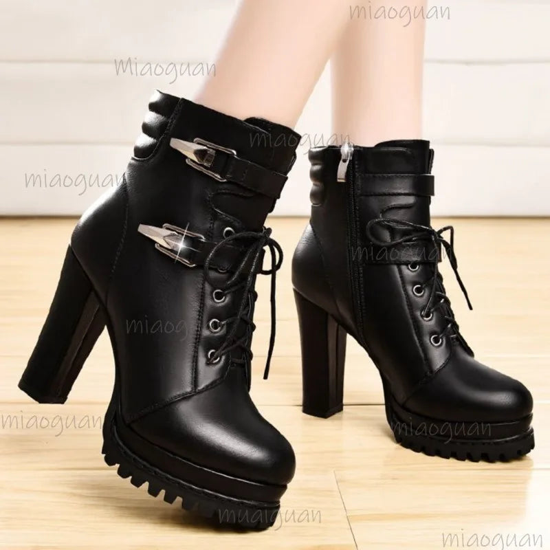 Women's Fashion Super High Heels Ankle Boots Autumn Winter Platform Booties Woman Buckle Decor PU Leather Short Botas Mujer
