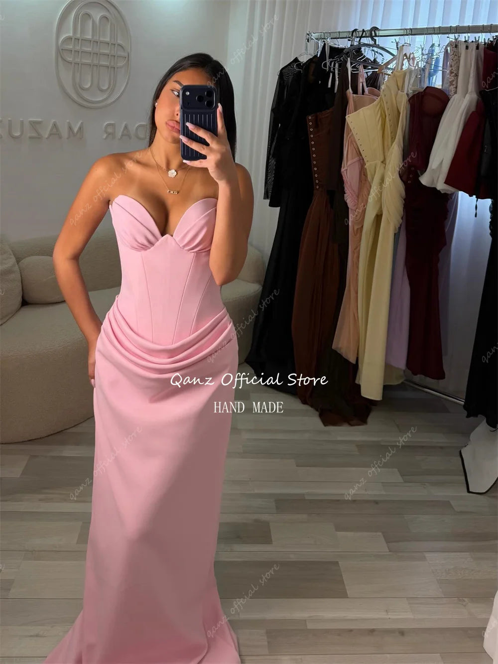 Qanz Vintage Pink Evening Dresses Women Mermaid Sweetheart Vestido Invitada Boda Detachable Shawl Vestidos De Festa Customized