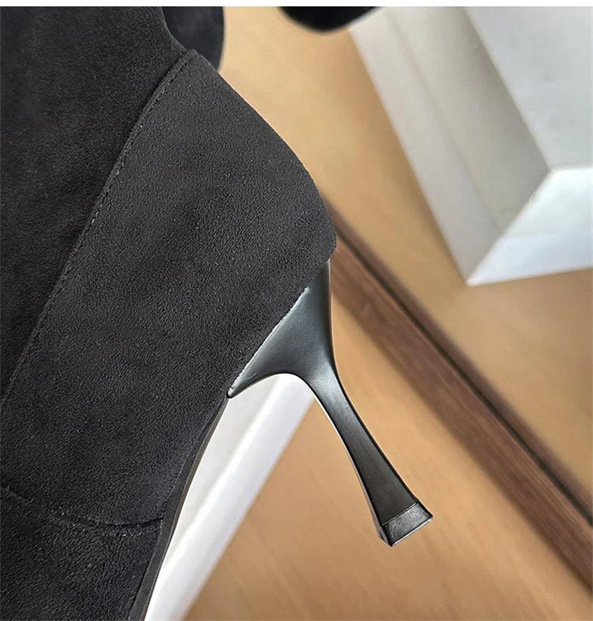 Zapatos De Mujer Winter Women Knee-High Boots Street Pointed Toe Thin High Heels Faux Suede Ladies Shoes Long Botas De Mujer