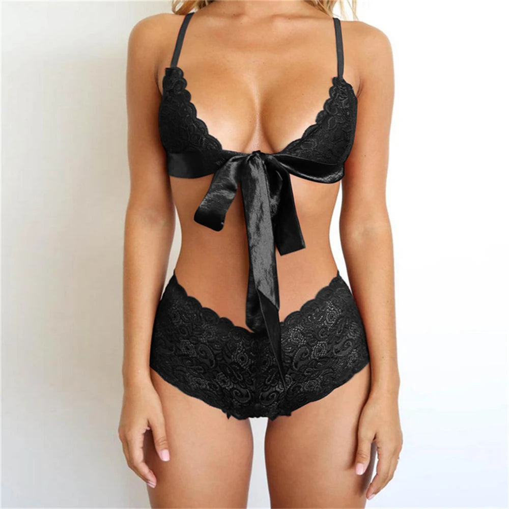 Langerie Sexy Lingerie Porno Suit Woman Lace Embroidery Underwear Women Bow Tie Push Up Bra Briefs Outfit lenceria sensual mujer