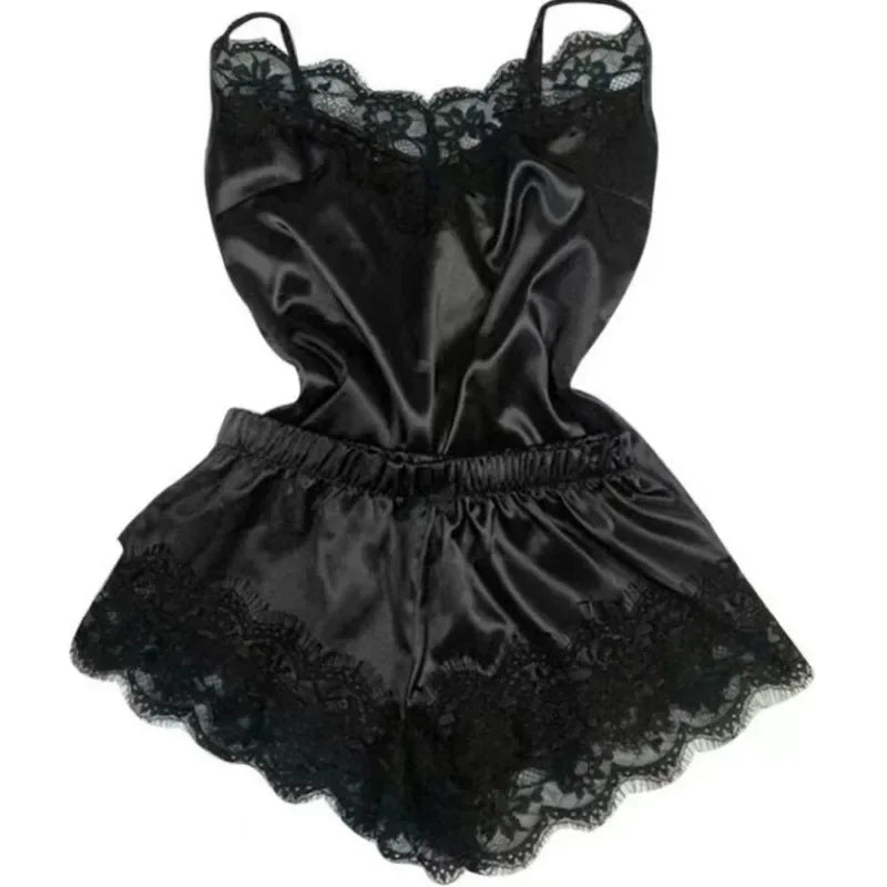 Fashion Women Pajama Suit V-Neck Stretch Satin Babydoll Lace Sexy Lingerie Bowknot Pyjamas Sleep Shorts Set Sleepwear