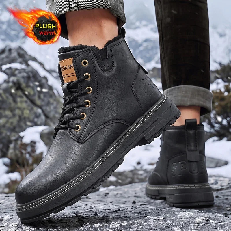Men Winter Snow Boots Plush Lined High‑Top Faux Leather Anti‑Slip Thick Sole Shoes For Snow Day Commute Street Casual Outing
