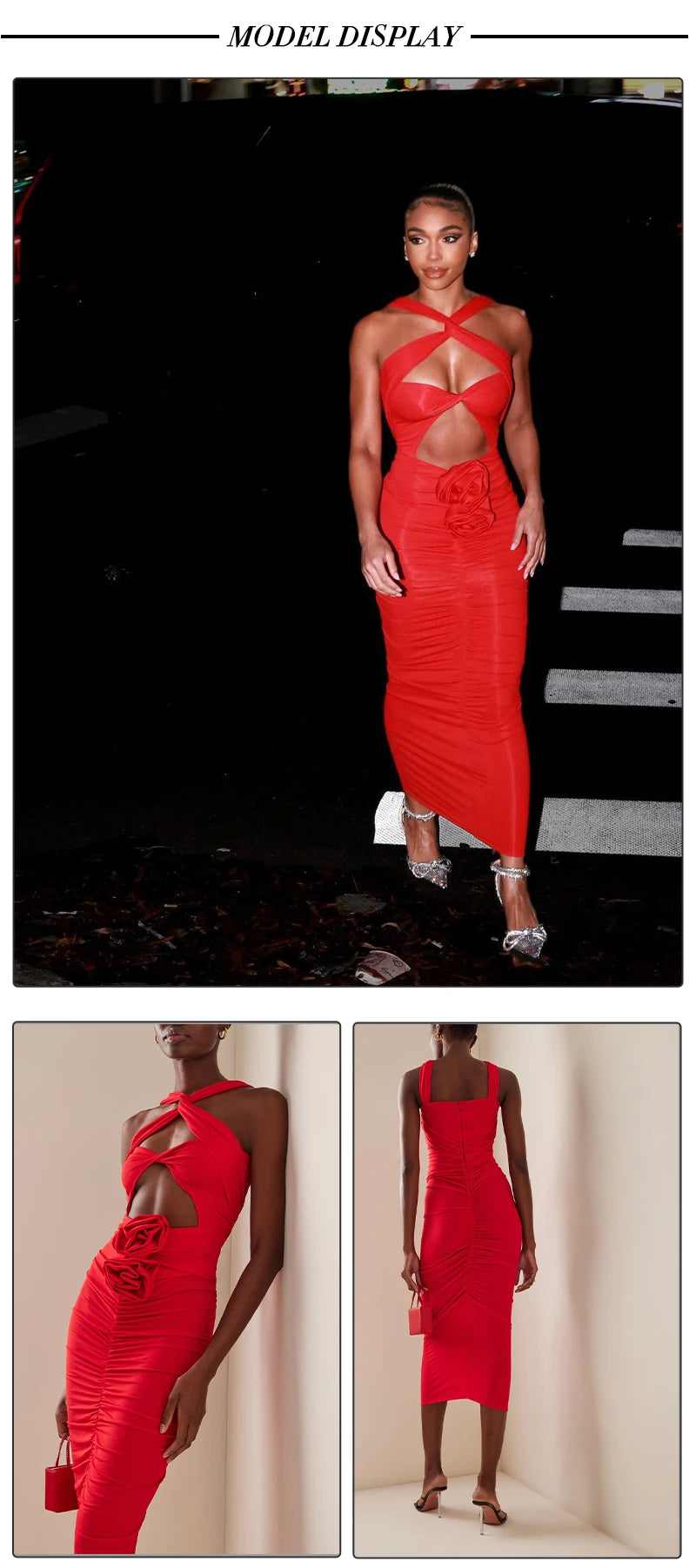 VC Red Dresses For Women Sexy Backless 3D Flowers Design Sleeveless Draped Long Dress Party Evening Vestidos