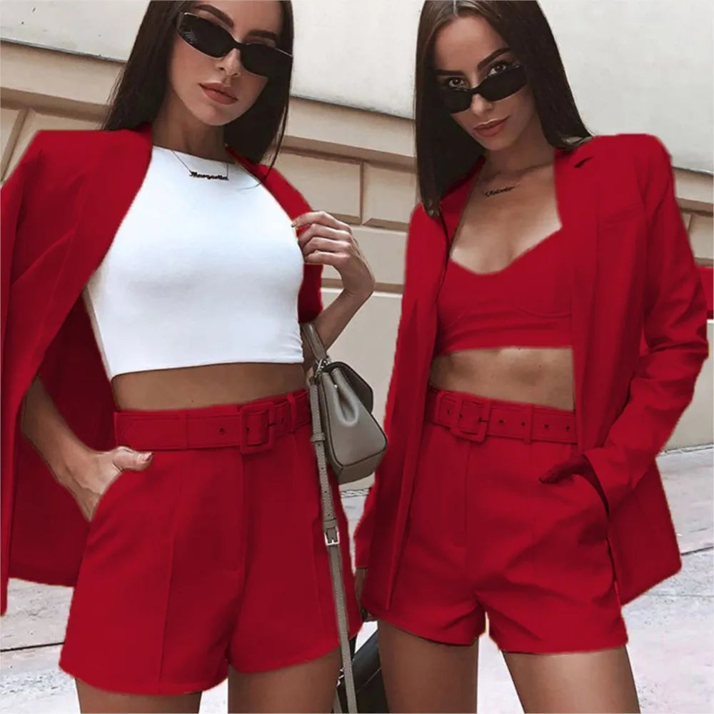 Women's Fashion Suit Two-piece Sets Lapel Long Sleeve Cardigan Top+Shorts 2025 Spring And Autumn Sexy Suit Casual Office Ladies