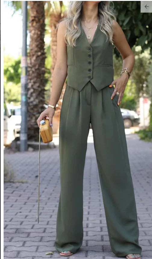 Wolfeel Womem Autumn Ol Chic Vest ＆ Pants With Pocket Suit Two-piece Set Office Ladies Summer Chic 2 Piece Sets Womens Outfits