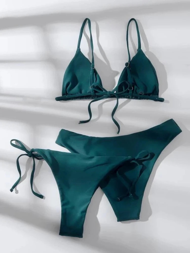 Women's Brazilian Push Up Bikini Set 3 Piece Bandage Swimsuit Two-Tone Black Green Quick-Dry Summer Beachwear Bathing Suit