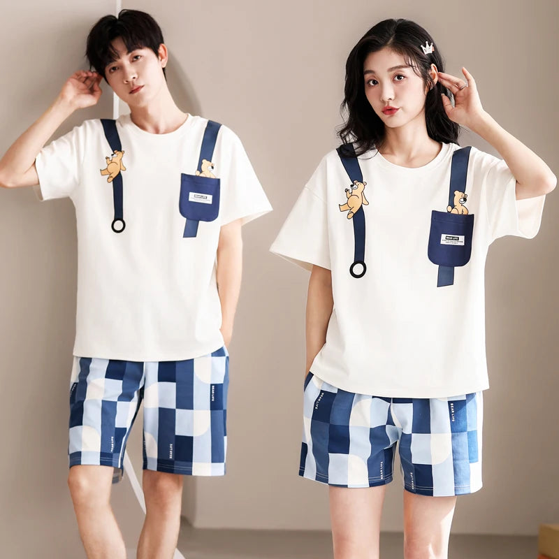 Summer Couple Pajama Set 100% Short Sleeve Pyjamas Men and Women Casual Pijama