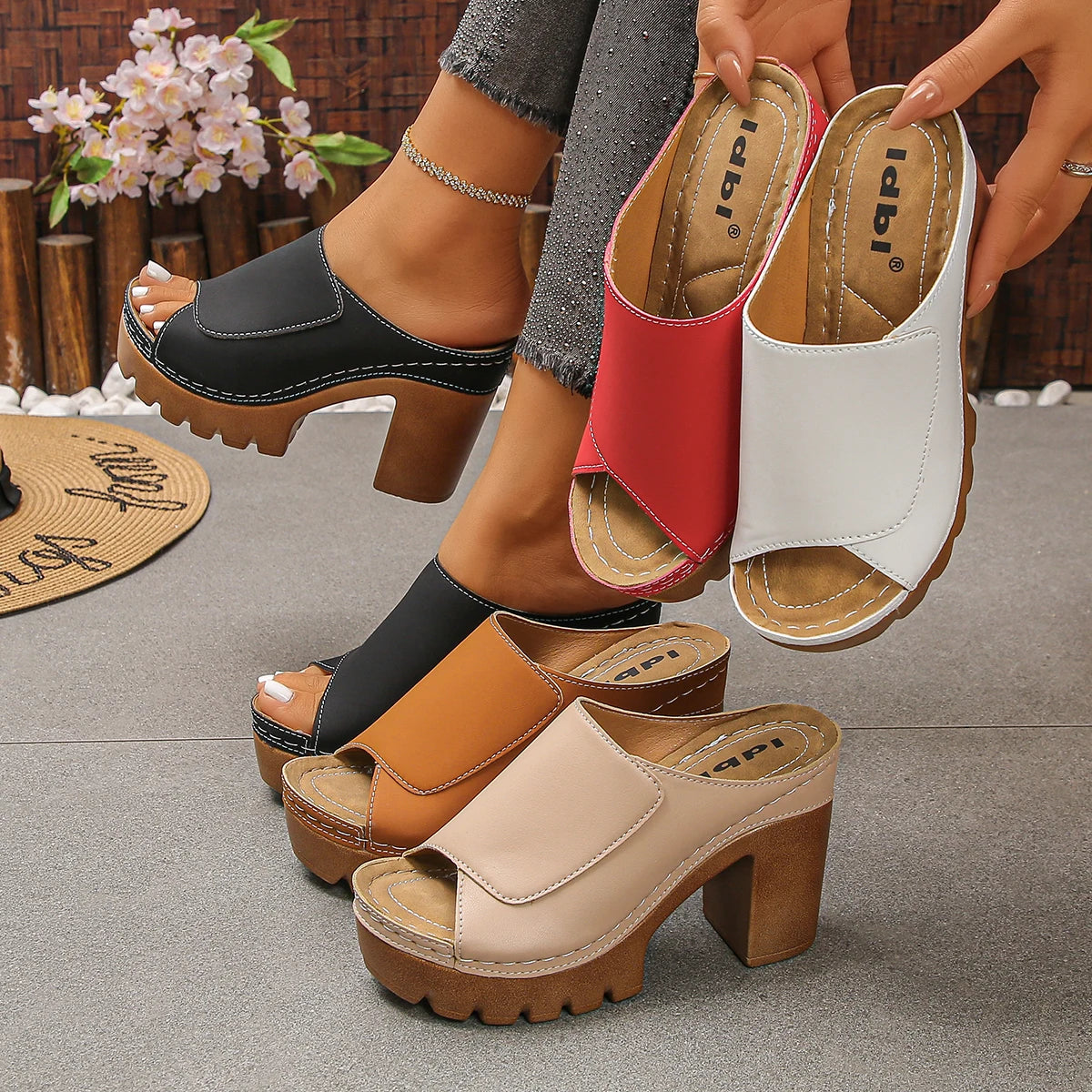 Women Sandals Open-Toe High-Heel Slippers Summer Fashion Outdoor Wear Sandals Slip-On Big Size Shoes Women  Zapatos De Mujer