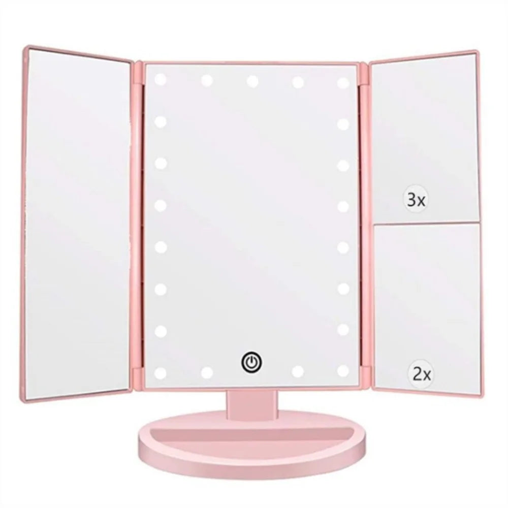 Large Foldable LED Makeup Mirror - 2X/3X/10X Magnification, USB & Battery Powered, Retro Tabletop Design for Home/Travel