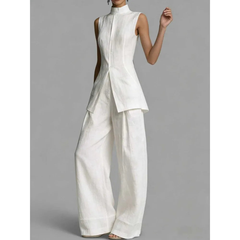 2026 Elegant Office Lady Commuting Simple Suit 2 Pieces Set Straight Pants Split Sleeveless Tops A Line High Collar Fashion Y2K