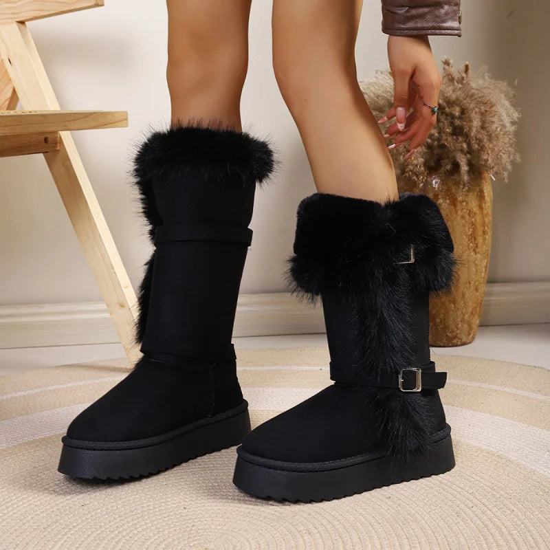 *Fashionable Hot Selling Sexy Warm Snow Boots for Women Winter New Round Toe Thick Sole Comfortable Casual Mid Length Boots