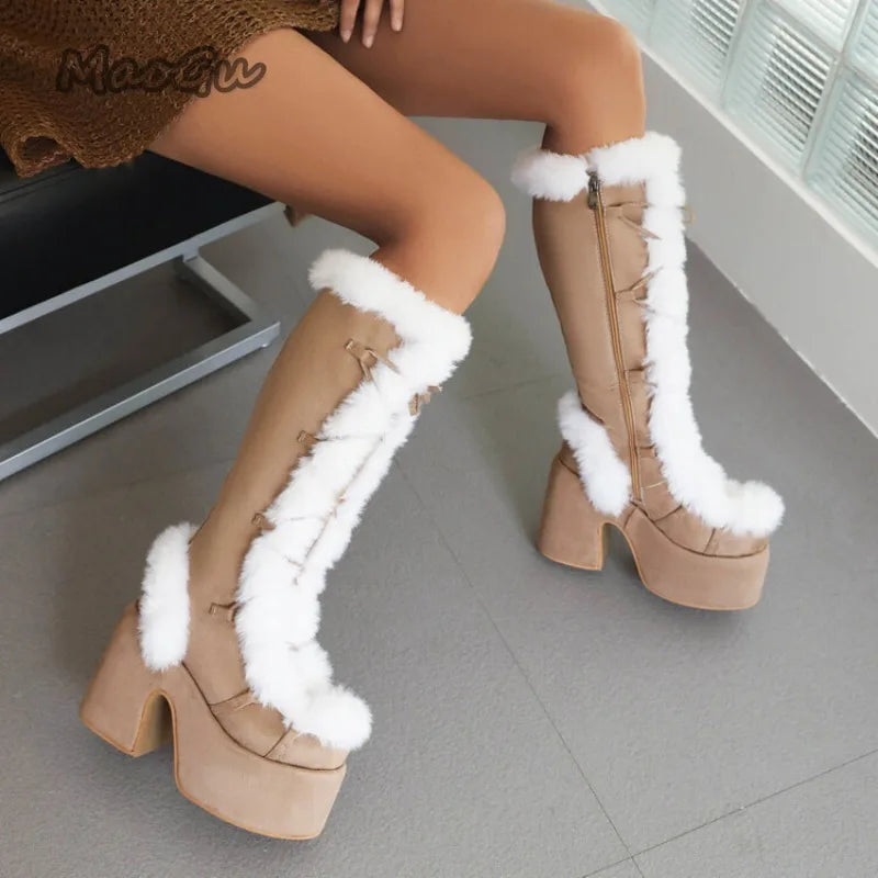 Women's Winter Snow Boots Gothic Lolita Platform High Heel Suede Shoes Plush Warm Knee High Long Boots Size 36-43 Botas Mujer