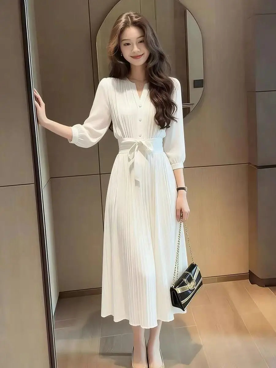Temperament White Chiffon Dress Women 2026 Spring Summer New Fashion Vestidos Unique Beautiful Elegant Simple Ladies Dresses
