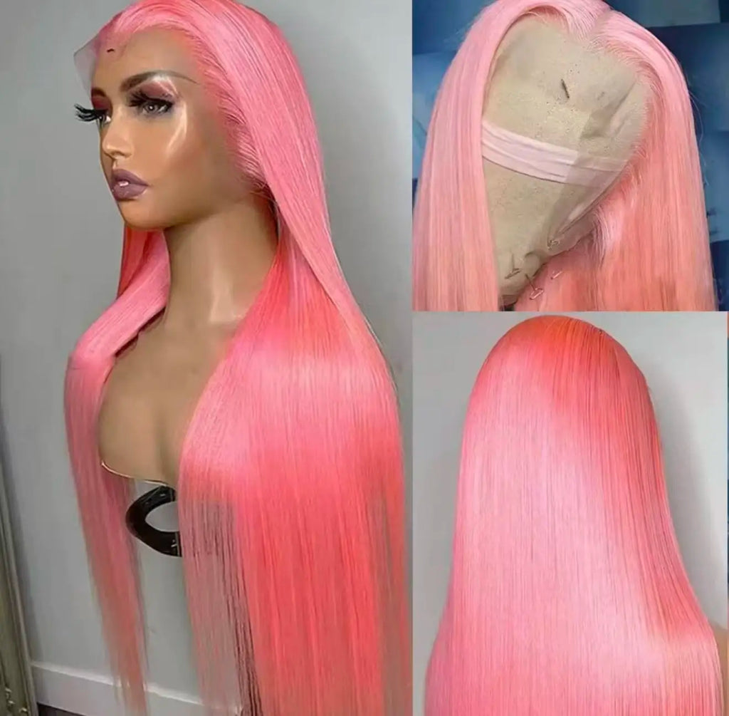 Pink Color Long Silky Straight 13X4X1 HD Full Lace Frontal Wigs For Black Women Preplucked With Baby Hair Daily Party Cosplay