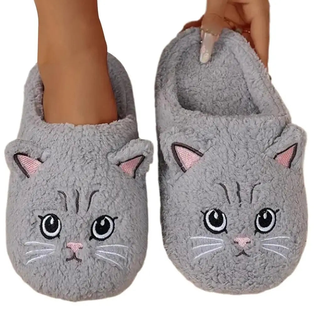Women's Cartoon Cat Plush Slippers Cozy Winter Bedroom House Shoes with Non-Slip Soft Sole for Indoor Comfort Home Warm Shoes