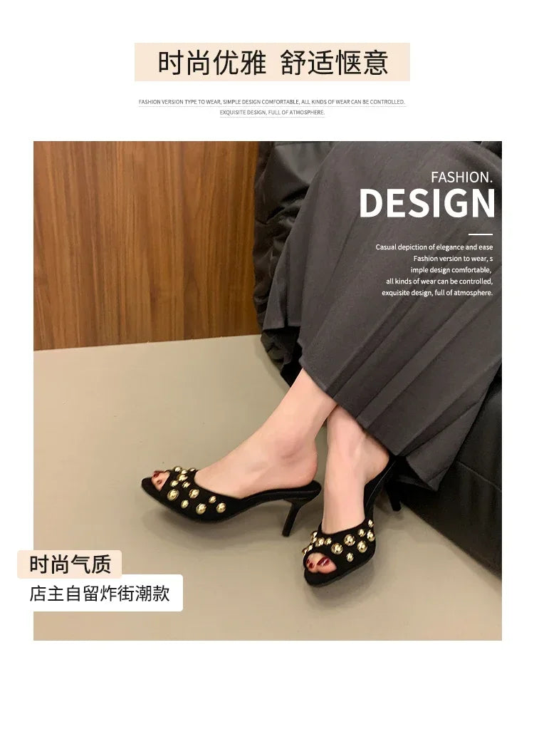 2026 Summer New Women's Shoes Black Velvet Effect Studded Backless One-foot Stiletto Sandals Women's High Heels Zapatos De Mujer