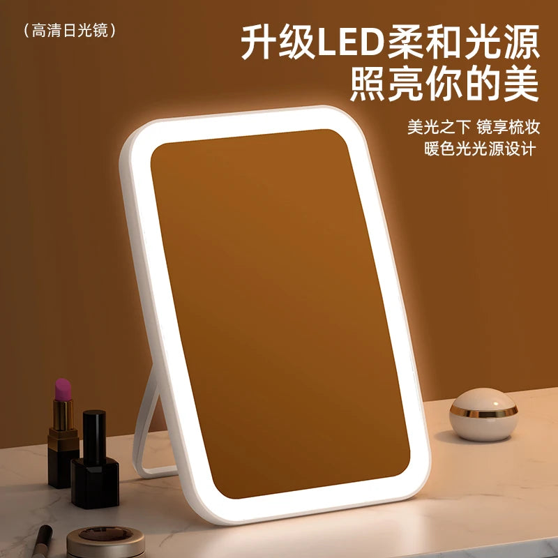LED makeup mirror with light, battery-operated desktop foldable small makeup mirror for female students