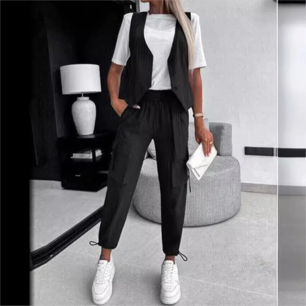 Women's Fashion Striped Printed Vest Trousers 2-Piece Set Spring Summer New Casual Sleeveless Vest Pocket Work Pants Female Set